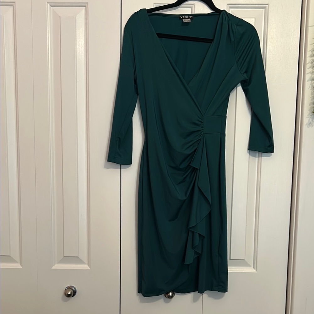 Holiday Season is Here! VENUS Green Ruched Wrap Dress V-Neck 3/4 Sleeve